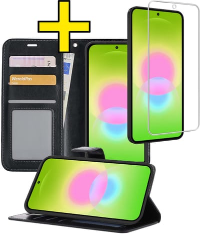 Hoesje - Met Screenprotector - Geschikt voor Samsung Galaxy A27 - Luxe Pasjeshouder - Bookcase Portemonee - Flip Case - Kunstleer Book Case - Flipcase - Book Cover - Walletcase - Portemonneehoes - Telefoonhoesjes - Zwart