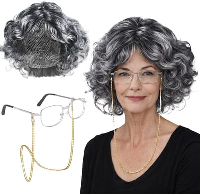 Oudere Dame Kostuum, Cosplay Accessoire Set voor Halloween, Carnaval en Verkleedfeest met Grijze Krullende Peruk, Kraag en Bril