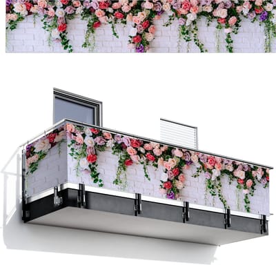 Balkonscherm 500x100 cm - Balkonposter Bloemen - Roze - Planten - Wit - Muur - Balkon scherm decoratie - Balkonschermen - Balkondoek zonnescherm