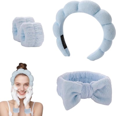 Set van 4 Zachte Haarbanden en Polsbanden voor Gezichtsverzorging en Make-up – Absorberend en Comfortabel voor Schoonheidsroutine en Spa Behandelingen
