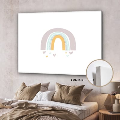 Canvas schilderij regenboog - Regenboog - Hartjes - Sterren - Kleuren - Kinderkamer - Wanddecoratie meisjes - Wanddecoratie jongens - Canvasdoek kinderen - 160x120 cm
