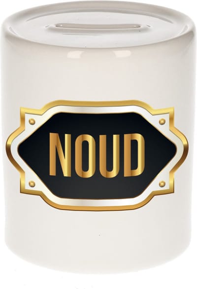 Spaarpot met voornaam Noud - wit - met goud/zwart embleem - 8 x 9 cm - keramiek - met afsluitdop - cadeau verjaardag