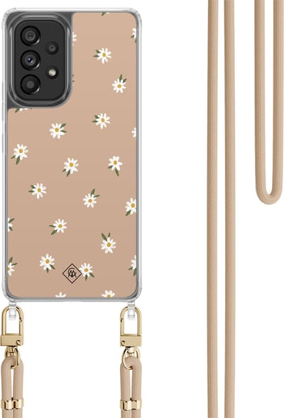 Casimoda® hoesje met koord - Geschikt voor Samsung A53 - Sweet Daisies - Afneembaar koord - TPU/polycarbonaat - Bruin/beige