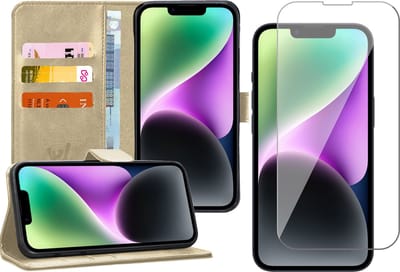 Hoesje geschikt voor iPhone 14 Plus - Book Case Kunstleer Wallet Cover Portemonnee Pasjeshouder Hoes Goud - Tempered Glass Screenprotector