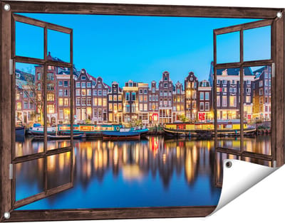 Gards Tuinposter Doorkijk Amsterdamse Huisjes in de Avond met Lichten - 90x60 cm - Tuindoek - Tuindecoratie - Wanddecoratie buiten - Tuinschilderij