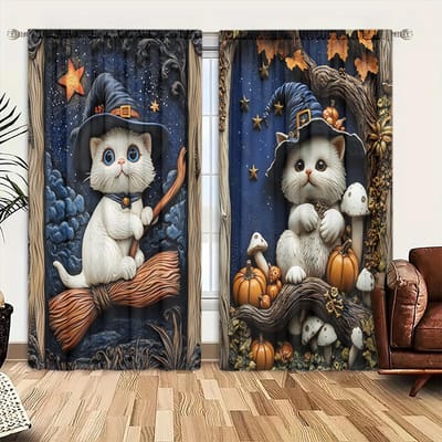 2 stuks Schattige Kat Heks Bezem Pompoen Bedrukte Gordijn voor Huisdecoratie - Tunnel voor Roede Raambekleding voor Halloween 52.5cmX116cm X 2pcs gray