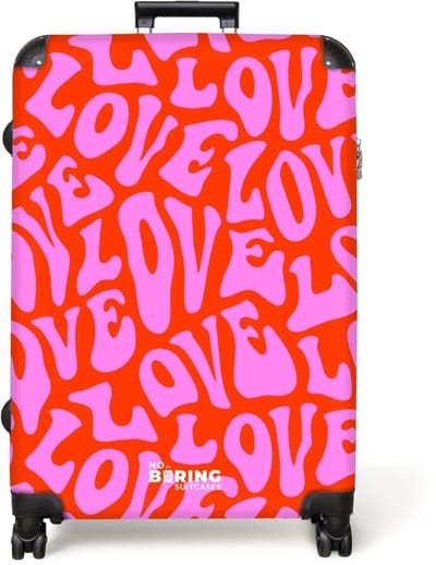 NoBoringSuitcases.com® - Koffer groot - Reiskoffer lichtgewicht - Herhalend ‘LOVE’-patroon in roze op rood - Rolkoffer met 4 wielen - Grote trolley XL - 98 liter bagage