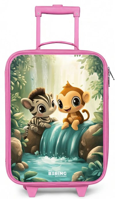 NoBoringSuitcases.com® - Kinderkoffer roze - Kindertrolley meisje - Zebra - Aapje - Waterval - Rotsen - Koffer kind lichtgewicht - Reiskoffer trolley voor kinderen - Koffertje met lichtgevende wieltjes - Rolkoffer
