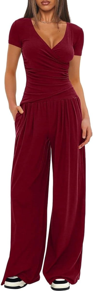 Dames Zomer Korte Mouw V-Hals Loungewear Set met Brede Broek en Zakken voor Casual en Sportieve Activiteiten