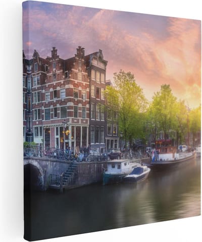 Artaza Canvas Schilderij Amsterdam - 80x80 cm - Wanddecoratie Grachten - Muurdecoratie Zonsondergang - Schilderijen Op Canvas Skyline