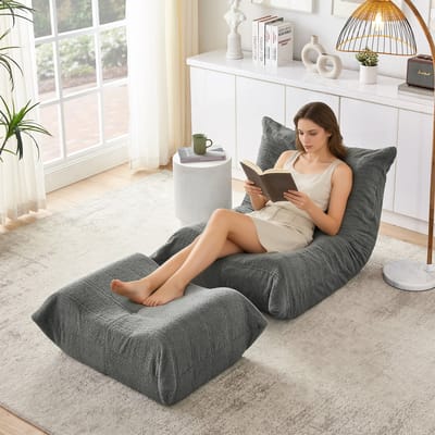 Zitzak Fauteuil Relaxstoel Teddy - Zitzak Fauteuil Met Voetenbank - Grijs - Foam Vulling - Direct Gebruik