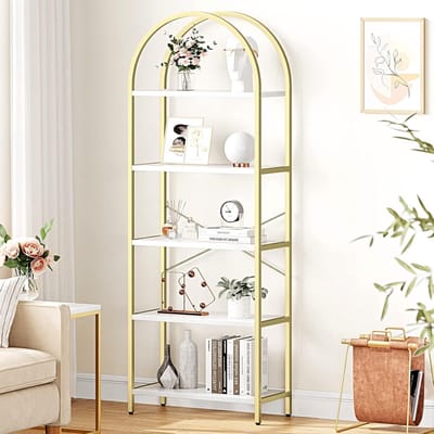 Gouden plank- 5-laags metalen boekenkast- 180 cm- met verstelbare poten- open plankenkast voor woonkamer- slaapkamer- wit marmer + goud