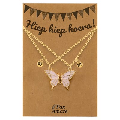 BFF Ketting voor 2 'Hiep Hiep Hoera' - Magnetische Roze Vlinder - Vriendschapsketting op Cadeau Kaartje - 45cm + 5cm verstelbaar - Goudkleurig - Verjaardags Hanger - Pax Amare