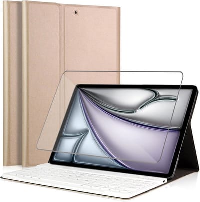 Hoes met toetsenbord geschikt voor iPad Air 11 inch 2024 - Screen Protector GlassGuard - Keyboard Book Case Cover Hoesje Goud & Screenprotector