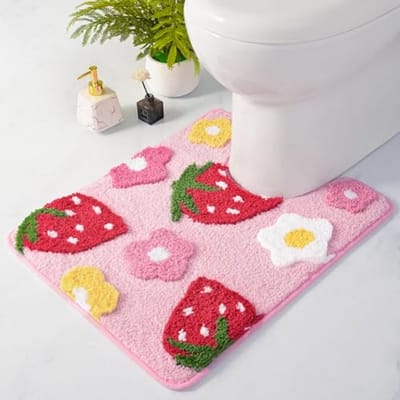 Roze U-vormige Badmat met Aardbeienbloem Motief - Extra Zacht en Antislip Toilet- en Badkamertapijt