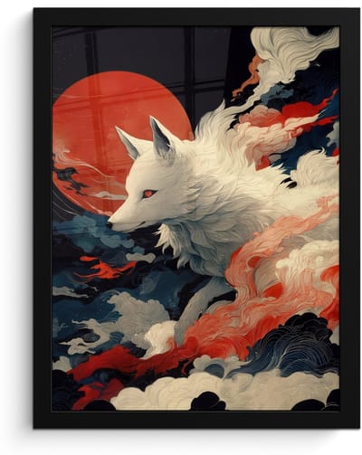 Poster in lijst - Fotolijst 30x40 cm - Posters - Witte vos - wolken - maan - Posterlijst zwart - Decoratie - Wanddecoratie woonkamer - Muurdecoratie slaapkamer