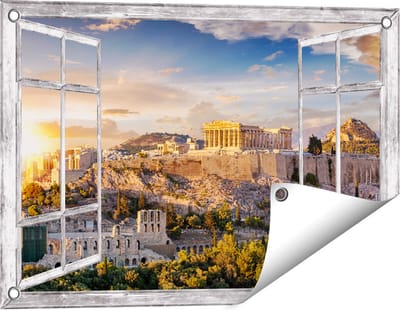 Gards Tuinposter Doorkijk Akropolis van Athene, Griekenland - Architectuur - 60x40 cm - Tuindoek - Tuindecoratie - Wanddecoratie buiten - Tuinschilderij