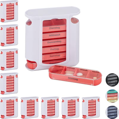 10x pillendoos 7 dagen wit-rood - 4 vakken - medicijndoosje - pillendoosje - Duits