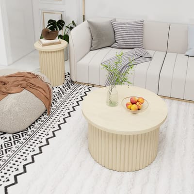 STILVORA Salontafel Set Van 2 - Rond Met Golvende Structuur En Antikras Oppervlak - Voor Woonkamer - MDF - Naturel - Ø68,7/Ø40,1 Cm
