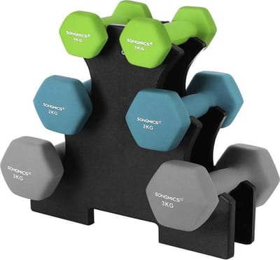 MIRA Home Halterset - Opbergstandaard - Sportkamer - Krachttraining Antislip neopreen coating - 3 paar, 2 x 1 kg, 2 x 2 kg, 2 x 3 kg