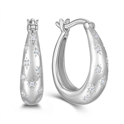 New Bling 9NB-1731 –– 925 Zilveren Oorbellen Dames – Bloemen Design – Rhodium Plated – Zirkonia – Hoops – Elegant