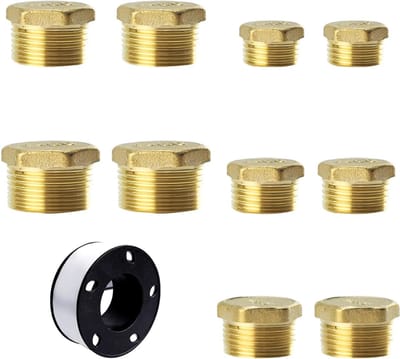 Set van 10 Messing Tube Stoppen, Mannelijke Draad, Hexagonale Caps voor Waterleidingen en Wasmachines