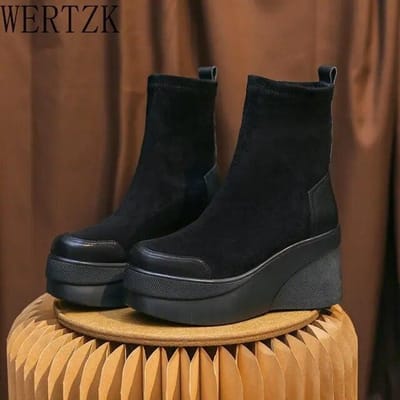 Hoge hakken Laarzen Ronde neus Dames Enkellaarsjes Platform wiggen Dames Kniehoge laarzen Klassieke elastische laarzen 37 black