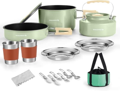 Camping kookset met anti-aanbakpan, roestvrijstalen keukengerei, mokken, borden, messen, lepels en vorken voor buiten koken