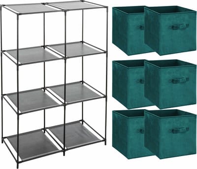 5Five Kastmandjes/opberg manden - emerald groen - 6x stuks van 29L - Metalen rekje is 68 x 98 cm