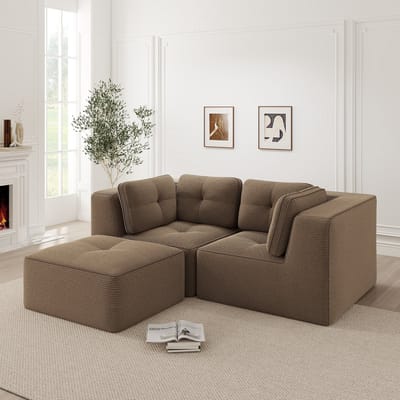 DESMIU Hoekbank 208 x 177 cm - Modulair 2-Zits Met Verplaatsbare Voetsteun - Voor Woonkamer En Slaapkamer - Corduroy Bruin
