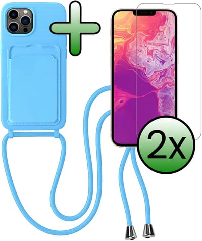 Hoes Geschikt voor iPhone 13 Pro Hoesje Pas Houder Case Hoes Met Koord Met 2x Screenprotector - Hoesje Geschikt voor iPhone 13 Pro Hoes Met Telefoonkoord Pasjeshouder Cover - Lichtblauw
