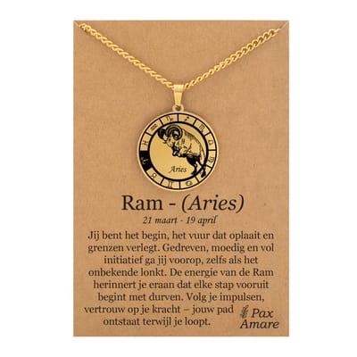 Sterrenbeeld Ram (Aries) Ketting op Cadeau Kaartje - Goudkleurig - Roestvrij Staal Zodiac Talisman - Stainless Steel - 60cm - Pax Amare