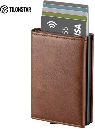Heren Portemonnee Bruin Antiek – RFID Wallet met Pop-Up Kaartmechanisme – Aluminium Card Holder – Compacte Leren Wallet met Muntenvak