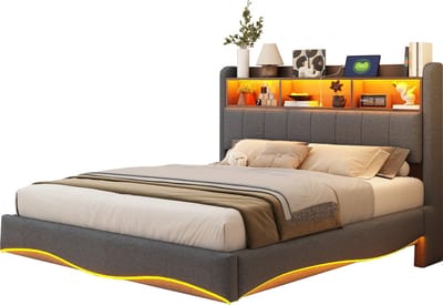 Merax Gestoffeerd Bed 140x200 cm - Linnen Stof - Designbed met LED Verlichting - USB- en Type-C Aansluitingen - Opbergruimte - Grijs