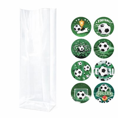 25x Uitdeelzakjes met Voetbal thema stickers | Blokbodem | 60 x 50 x 200 mm | Traktatiezakjes | Kinderfeestje | Cellofaanzakjes | Cadeauzakjes | Snoepzakjes | Plastic Zakjes | Uitdeelzakjes kinderen | Verpakkingszakjes Uitdeelcadeaus |
