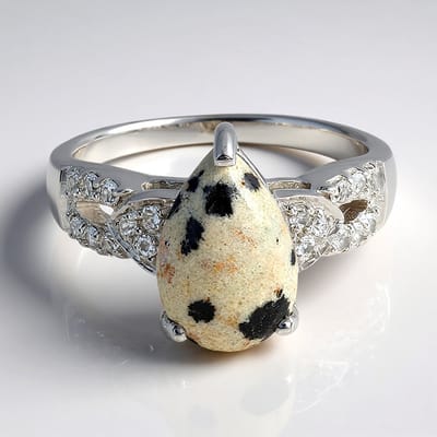 Cavill - Zilveren Damesring - 925 Sterling Zilver - 2.99 Ct Dalmatiër Jaspis Peervormig - 0.272 Ct Witte Topazen - Luxe Fashion Ring Maat 17