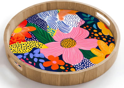 Dienblad rond 40x40 cm - Schootdienblad hout - Kleurrijk - Bloemen - Abstract - Stippen - Borrelplank rechthoek - Plateau houten dienbladen