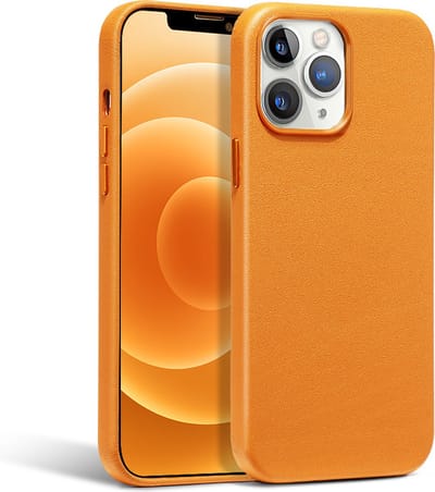 Hoesje geschikt voor iPhone 14 Pro Bruin Oranje - Lederen Magsafe hoesje geschikt voor iPhone 14 Pro - Bruin - Leder