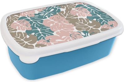 Broodtrommel Blauw - Lunchbox - Brooddoos - Monstera - Jungle - Patronen - Pastel - Bladeren - 18x12x6 cm - Kinderen - Jongen