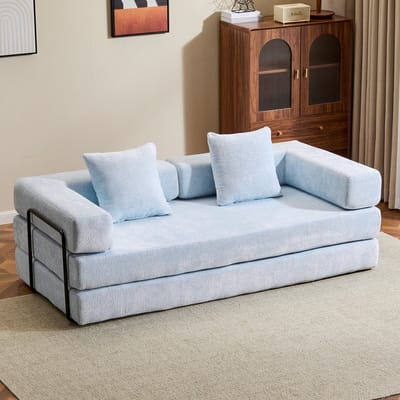 Multifunctionele Chenille Slaapbank – Slaapbank met Vast Frame – Opvouwbaar, Met 2 Kussens en Armleuningen – Comfortabel 4-in-1 Ontwerp – Voor 2 Personen – Bank, Lounger, Logeerbed – Geschikt voor Appartementen of Kleine Ruimtes - Lichtblauw