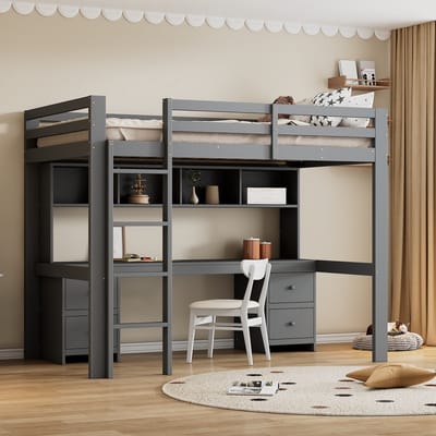 DESMIU Hoogslaper 90x200 cm – Kinderbed Met Bureau en Grote Opbergruimte – Met Lades en Vakken – Voor Kinderkamer – Zonder Matras – Grijs