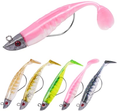 Ynkkvre-Rubberen Vissen Set – 5 Stuks Kunstmatige Aas met Jigkop – Rubber Aas voor Forel, Snoekbaars, Baars – Zoet- en Zoutwater – Vissen Hengelsport Cadeau