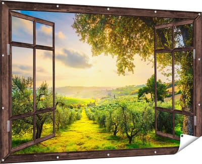 Gards Tuinposter Doorkijk Olijvenbomen - Olijvengaard - 180x120 cm - Tuindoek - Tuindecoratie - Wanddecoratie buiten - Tuinschilderij