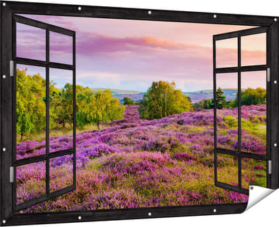Gards Tuinposter Doorkijk Paarse Weide - 180x120 cm - Tuindoek - Tuindecoratie - Wanddecoratie buiten - Tuinschilderij