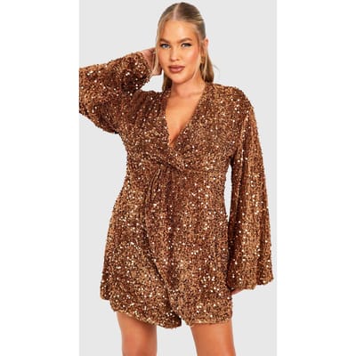 boohoo Dames Plus Sequin Fluweel Twist Front Jurk | Chocolate | Maat: 18