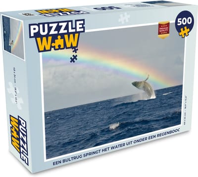 Puzzel Een bultrug springt het water uit onder een regenboog - Legpuzzel - Puzzel 500 stukjes