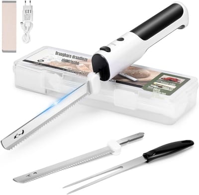 REN® Elektrisch Broodmes - Glucosemeter - Elektrisch Mes - Roestvrij staal - inclusief doos, vork en opvouwbaar snijplankjen - Wit - 32cm x 12cm x 8cm