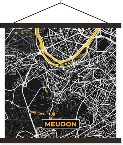 Posterhanger incl. Poster 60x60 cm - Schoolplaat - Kaart – Stadskaart – Meudon - Plattegrond – Frankrijk - Textielposter - Zwarte latten - Stadskaart