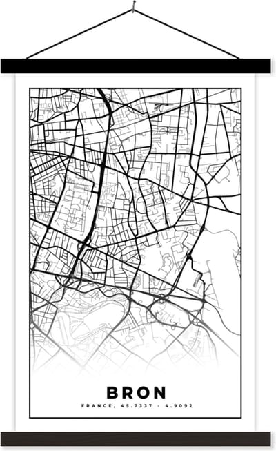 Posterhanger incl. Poster 40x60 cm - Schoolplaat - Plattegrond - Kaart - Frankrijk - Stadskaart - Bron - Zwart wit - Textielposter - Zwarte latten - Stadskaart