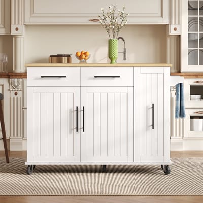 MODFU - Keukeneiland Met Uitklapbaar Blad En Opbergwagen - Verrijdbaar - Voor Keuken En Eethoek - MDF - Wit/Naturel - 120 x 40/65 x 90 cm